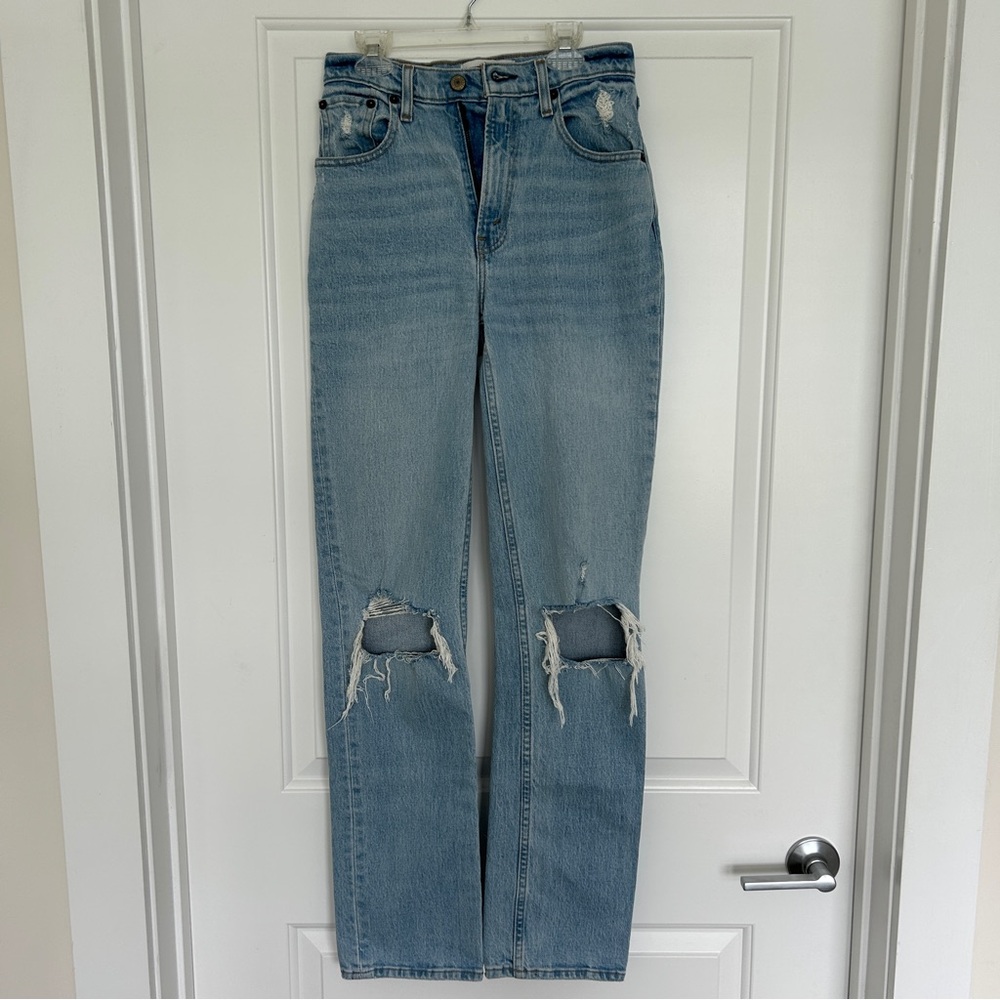 Abercrombie Light Wash Distressed 90s Straight Ultra High Rise Jeans